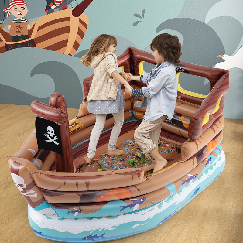 Inflatable Pirate Ship Playhouse with Built-in Motor and Inflatable Toy Sword-Brown