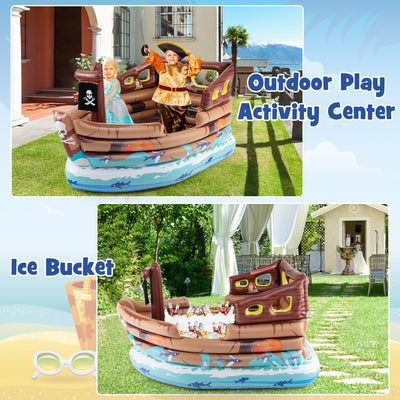 Inflatable Pirate Ship Playhouse with Built-in Motor and Inflatable Toy Sword-Brown