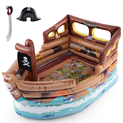 Inflatable Pirate Ship Playhouse with Built-in Motor and Inflatable Toy Sword-Brown