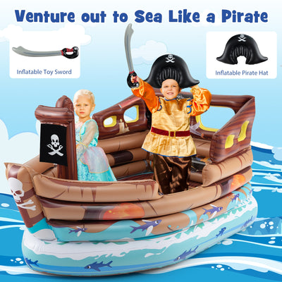 Inflatable Pirate Ship Playhouse with Built-in Motor and Inflatable Toy Sword-Brown