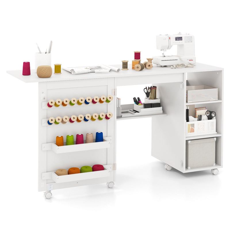 Multifunctional Folding Sewing Machine Craft Station with Storage Shelves-White