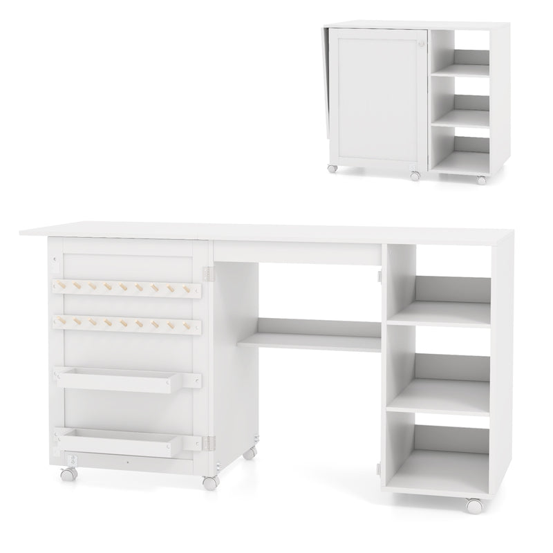 Multifunctional Folding Sewing Machine Craft Station with Storage Shelves-White