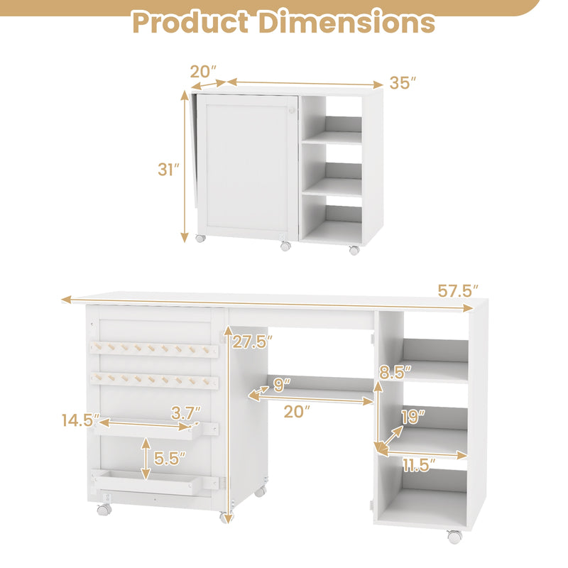 Multifunctional Folding Sewing Machine Craft Station with Storage Shelves-White