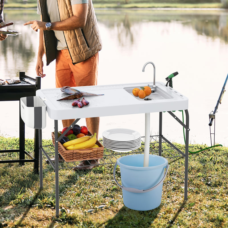 2 in 1 Folding Fish Cleaning Table with Sink and Faucet for Patio BBQ