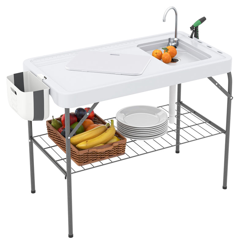 2 in 1 Folding Fish Cleaning Table with Sink and Faucet for Patio BBQ