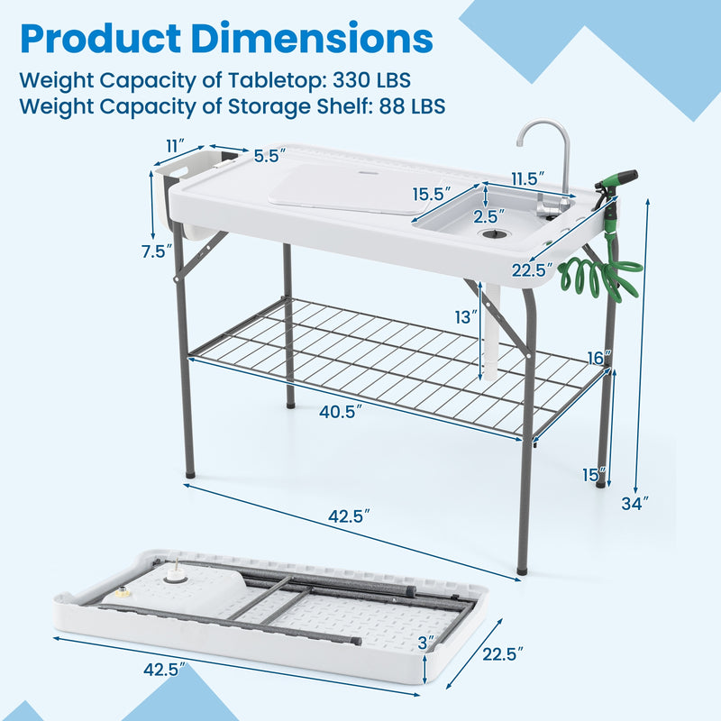 2 in 1 Folding Fish Cleaning Table with Sink and Faucet for Patio BBQ