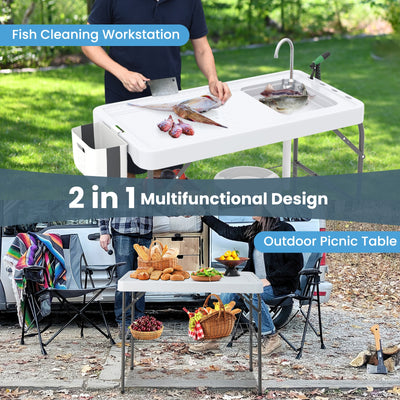 2 in 1 Folding Fish Cleaning Table with Sink and Faucet for Patio BBQ