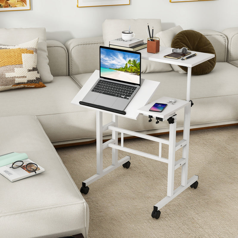 Mobile Stand-up Computer Desk Adjustable with 2 Tilting Desktops-White