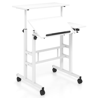 Mobile Stand-up Computer Desk Adjustable with 2 Tilting Desktops-White