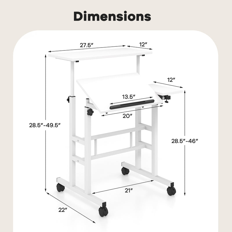 Mobile Stand-up Computer Desk Adjustable with 2 Tilting Desktops-White