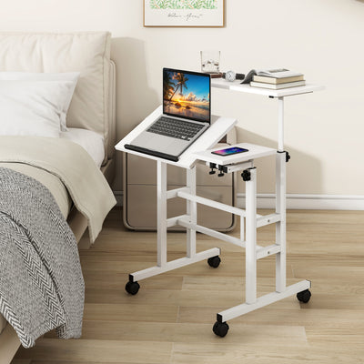 Mobile Stand-up Computer Desk Adjustable with 2 Tilting Desktops-White