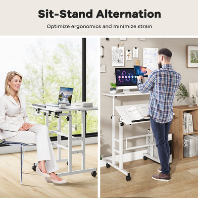 Mobile Stand-up Computer Desk Adjustable with 2 Tilting Desktops-White