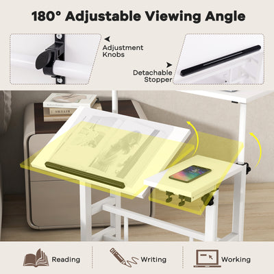 Mobile Stand-up Computer Desk Adjustable with 2 Tilting Desktops-White