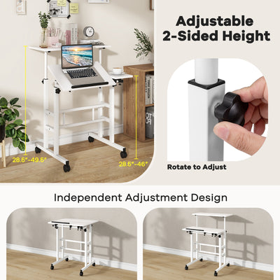 Mobile Stand-up Computer Desk Adjustable with 2 Tilting Desktops-White