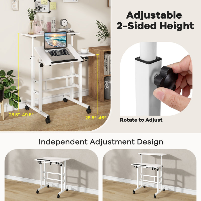 Mobile Stand-up Computer Desk Adjustable with 2 Tilting Desktops-White