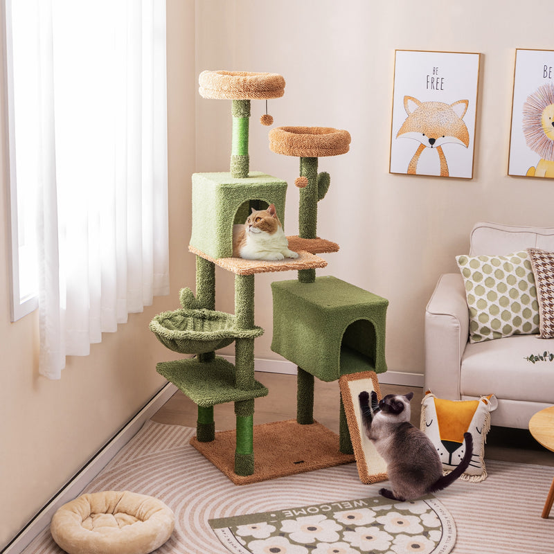 Multi-level Cactus Cat Tree with Scratching Posts Ladder Double Condos and Toys Bed-Green