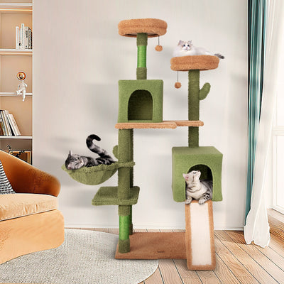 Multi-level Cactus Cat Tree with Scratching Posts Ladder Double Condos and Toys Bed-Green