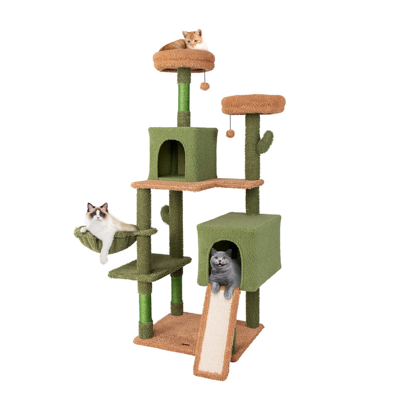 Multi-level Cactus Cat Tree with Scratching Posts Ladder Double Condos and Toys Bed-Green