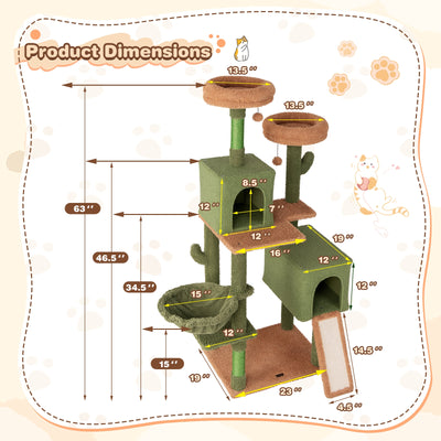 Multi-level Cactus Cat Tree with Scratching Posts Ladder Double Condos and Toys Bed-Green