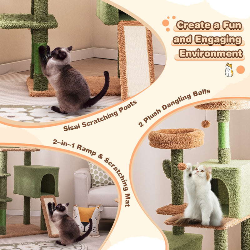 Multi-level Cactus Cat Tree with Scratching Posts Ladder Double Condos and Toys Bed-Green