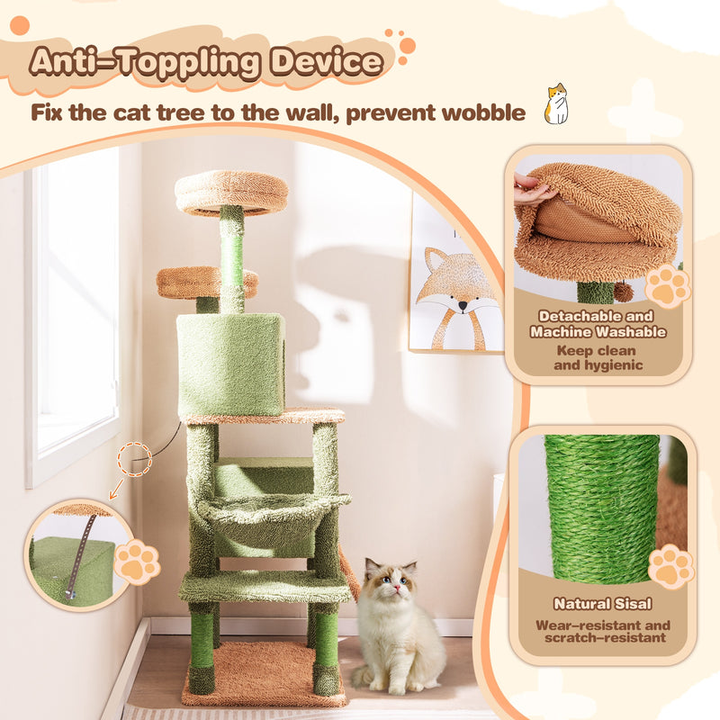 Multi-level Cactus Cat Tree with Scratching Posts Ladder Double Condos and Toys Bed-Green