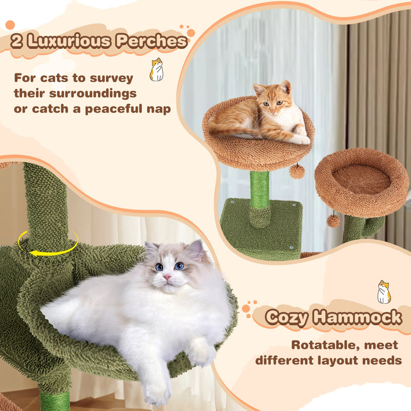 Multi-level Cactus Cat Tree with Scratching Posts Ladder Double Condos and Toys Bed-Green