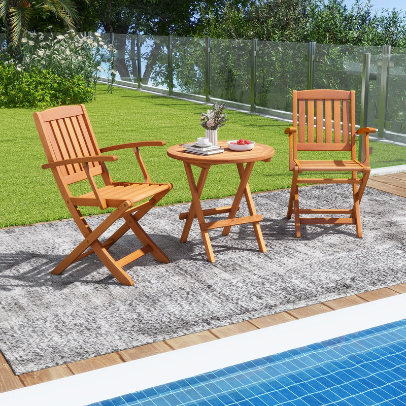 Patio Wood Folding Chair Set of 2 with Armrests and Slatted Seat