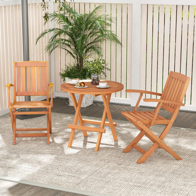 Patio Wood Folding Chair Set of 2 with Armrests and Slatted Seat