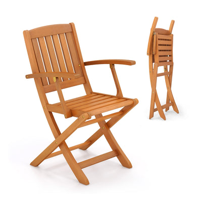 Patio Wood Folding Chair Set of 2 with Armrests and Slatted Seat