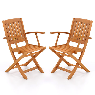 Patio Wood Folding Chair Set of 2 with Armrests and Slatted Seat