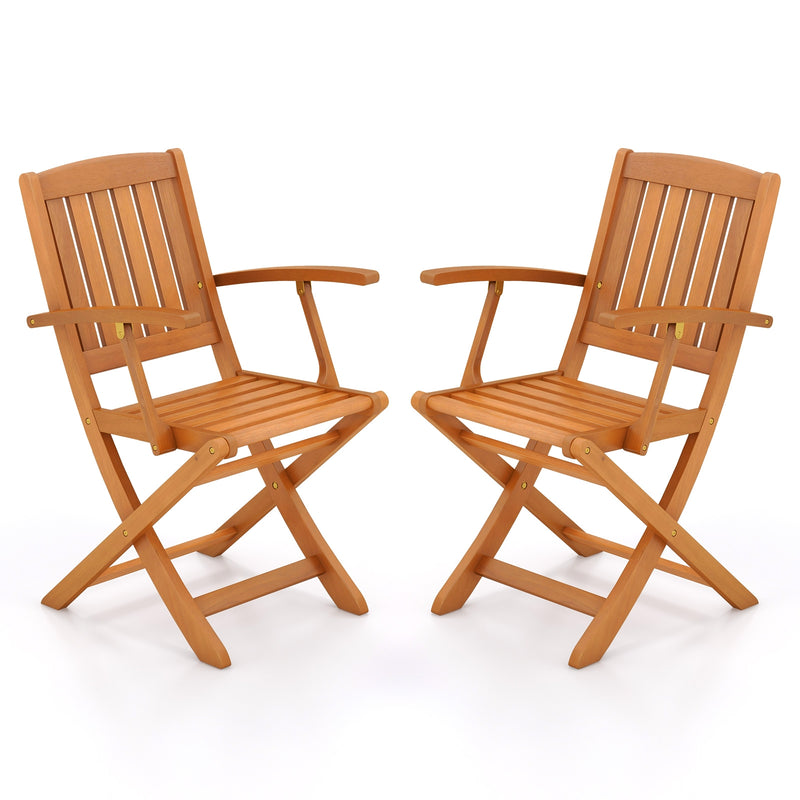 Patio Wood Folding Chair Set of 2 with Armrests and Slatted Seat