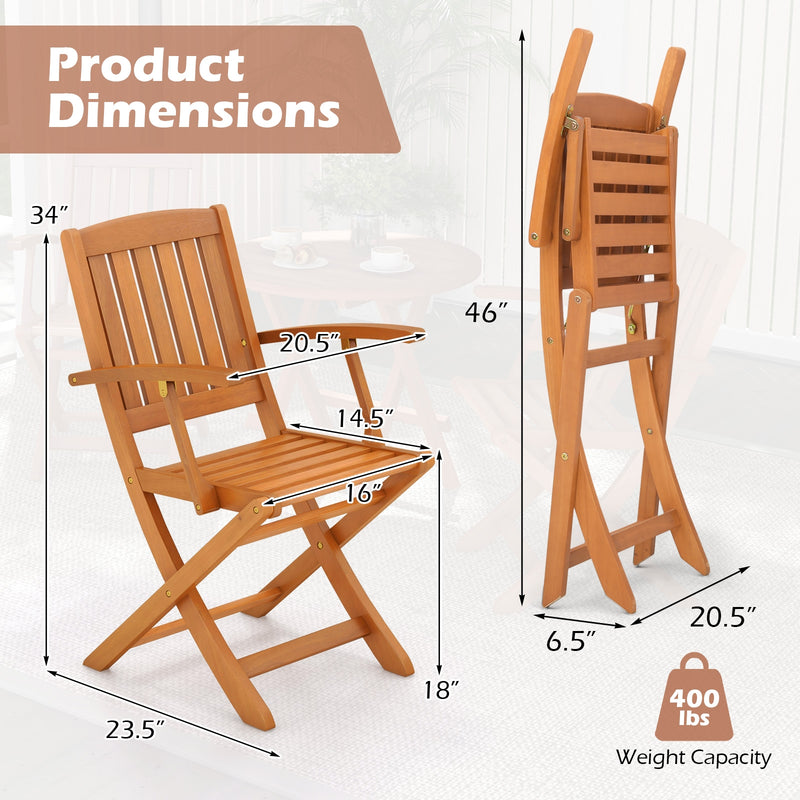 Patio Wood Folding Chair Set of 2 with Armrests and Slatted Seat