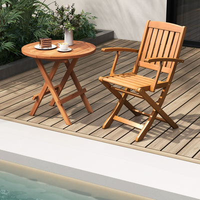 Patio Wood Folding Chair Set of 2 with Armrests and Slatted Seat