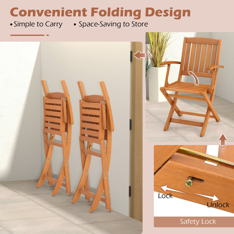 Patio Wood Folding Chair Set of 2 with Armrests and Slatted Seat