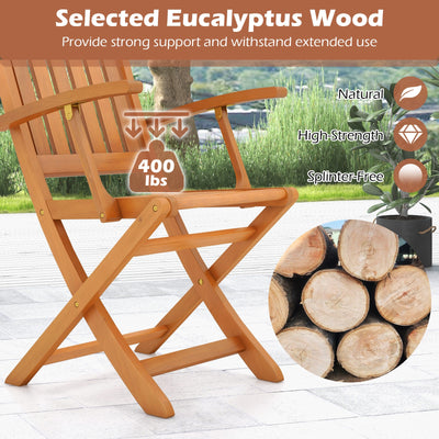 Patio Wood Folding Chair Set of 2 with Armrests and Slatted Seat