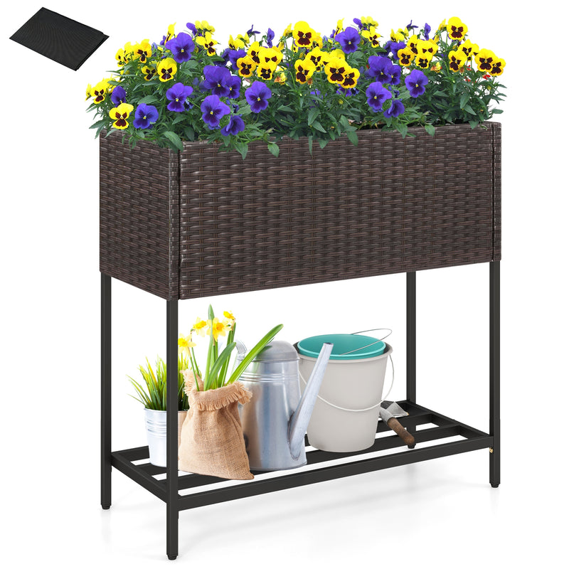 Wicker Raised Garden Bed with Storage Shelf and Removable Liner for Flowers