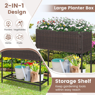 Wicker Raised Garden Bed with Storage Shelf and Removable Liner for Flowers