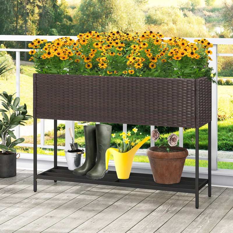 Wicker Raised Garden Bed with Storage Shelf and Drainage Gaps for Flowers