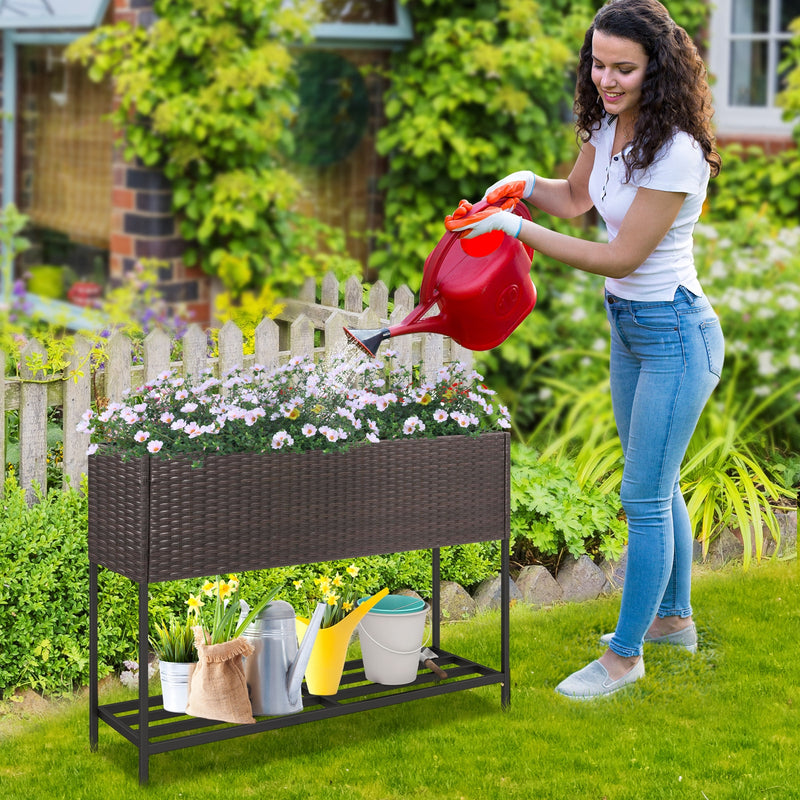 Wicker Raised Garden Bed with Storage Shelf and Drainage Gaps for Flowers