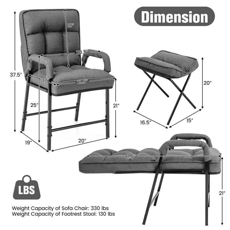 Linen Fabric Modern Accent Chair with Ottoman and Adjustable Backrest-Gray