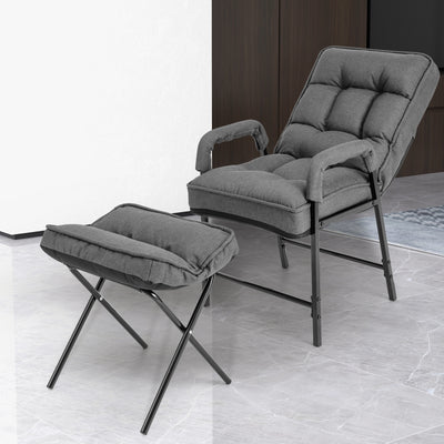 Linen Fabric Modern Accent Chair with Ottoman and Adjustable Backrest-Gray