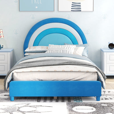 Twin Bed Frame with Height-Adjustable Headboard and Sturdy Wooden Slats-Blue