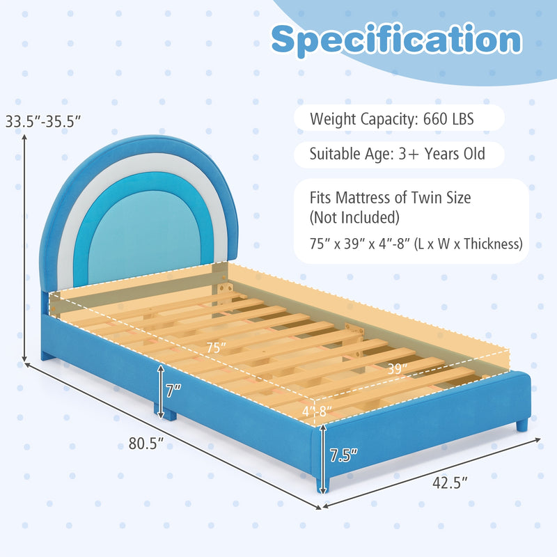 Twin Bed Frame with Height-Adjustable Headboard and Sturdy Wooden Slats-Blue