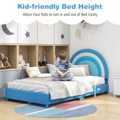 Twin Bed Frame with Height-Adjustable Headboard and Sturdy Wooden Slats-Blue