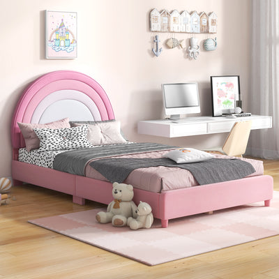 Twin Bed Frame with Height-Adjustable Headboard and Sturdy Wooden Slats-White & Pink