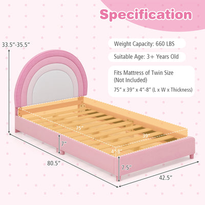 Twin Bed Frame with Height-Adjustable Headboard and Sturdy Wooden Slats-White & Pink