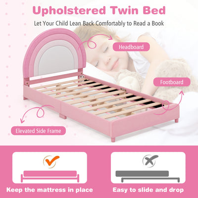 Twin Bed Frame with Height-Adjustable Headboard and Sturdy Wooden Slats-White & Pink