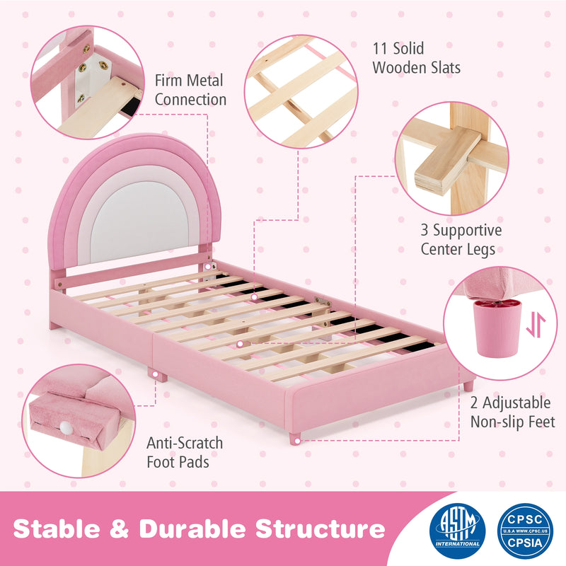 Twin Bed Frame with Height-Adjustable Headboard and Sturdy Wooden Slats-White & Pink