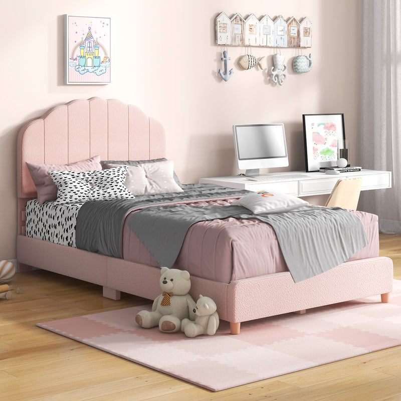 Twin Bed Frame with Height-Adjustable Headboard and Sturdy Wooden Slats-Pink