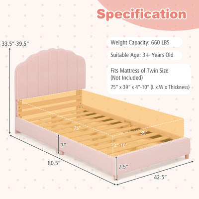 Twin Bed Frame with Height-Adjustable Headboard and Sturdy Wooden Slats-Pink